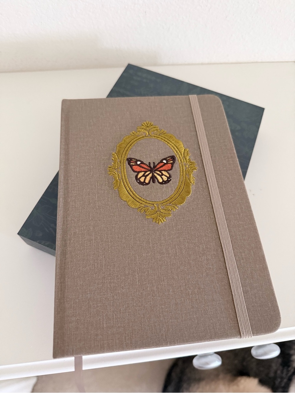 Archer & Olive Taupe Butterfly Embroidered Dot GridNotebook with Elastic Closure